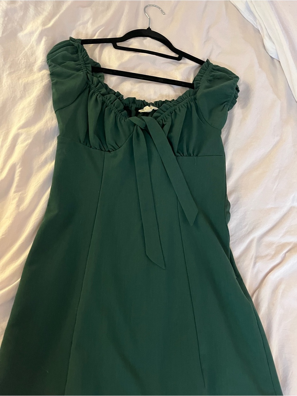 La Hearts Dark Green Puff Sleeve Tie-Front Dress